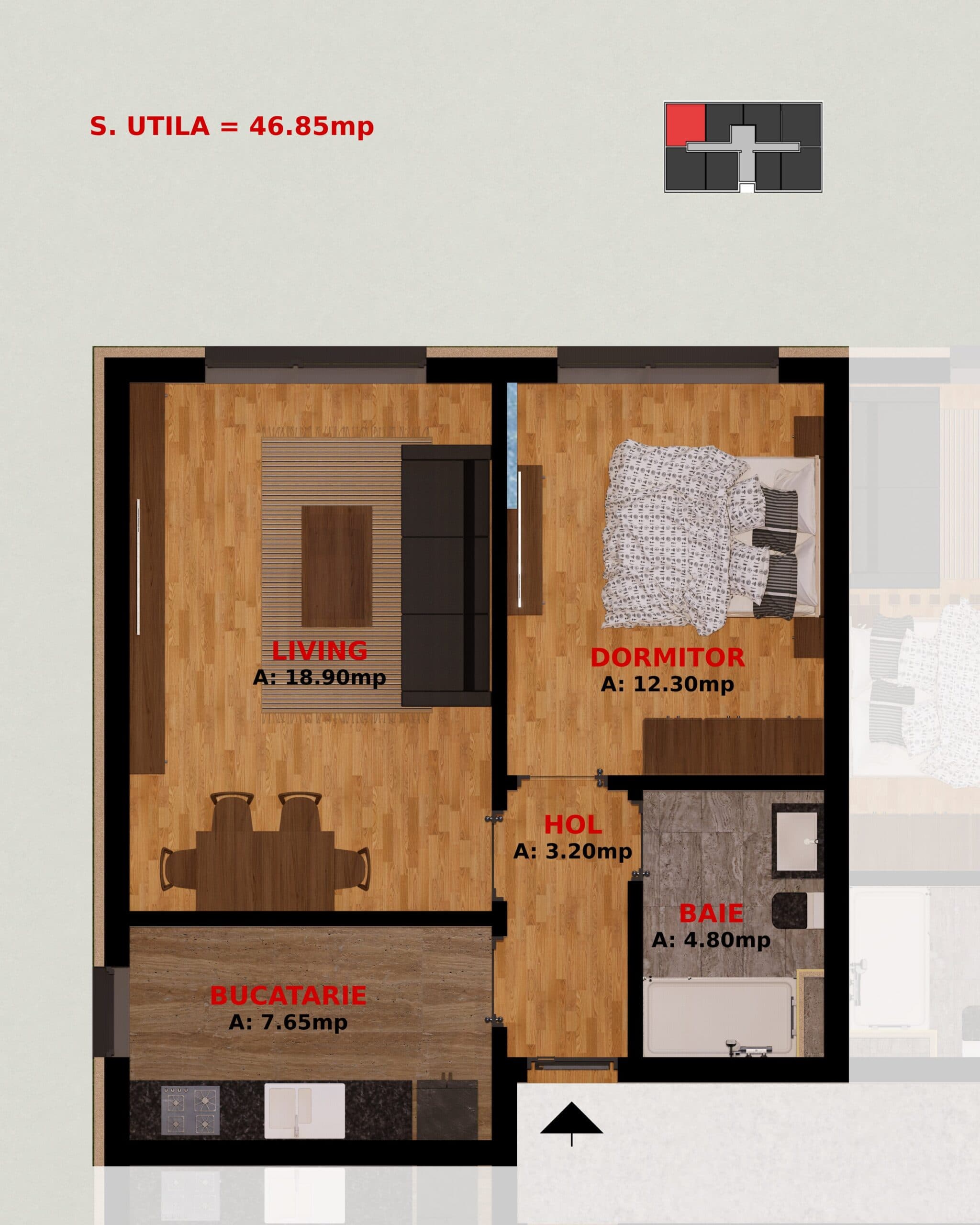 Plan Apartament 2 camere 46,85 mp — parter, Bloc 2