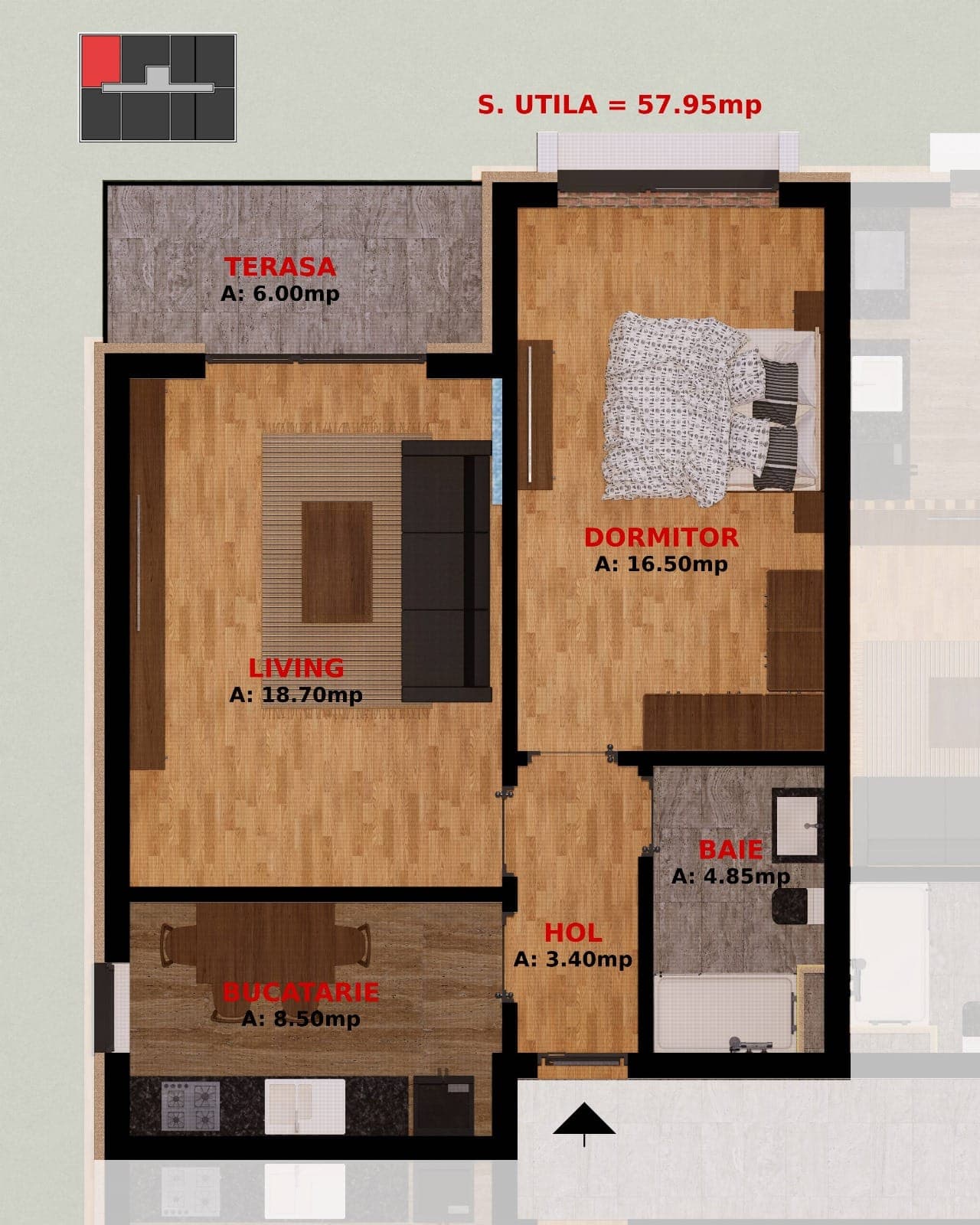Plan Apartament 2 camere 57,95 mp — Bloc 3
