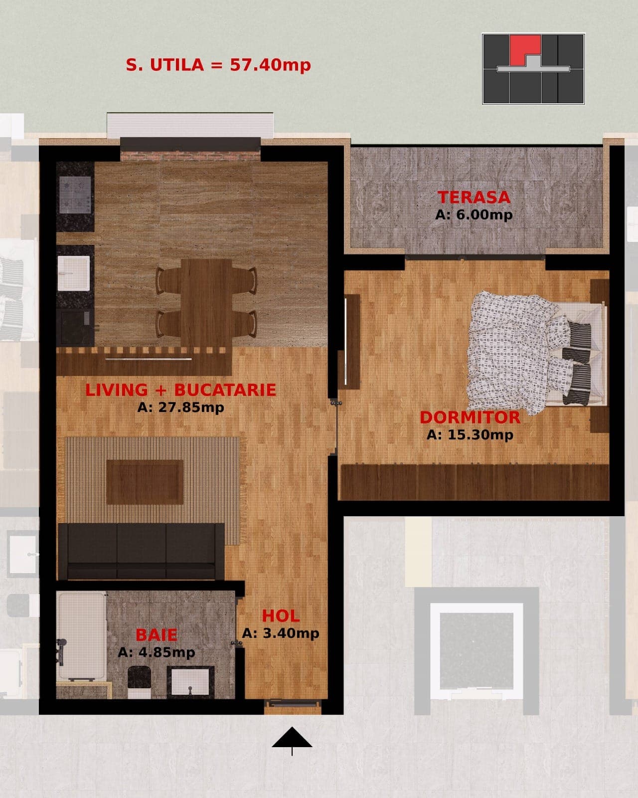 Plan Apartament 2 camere 57,40 mp open-space — Bloc 3
