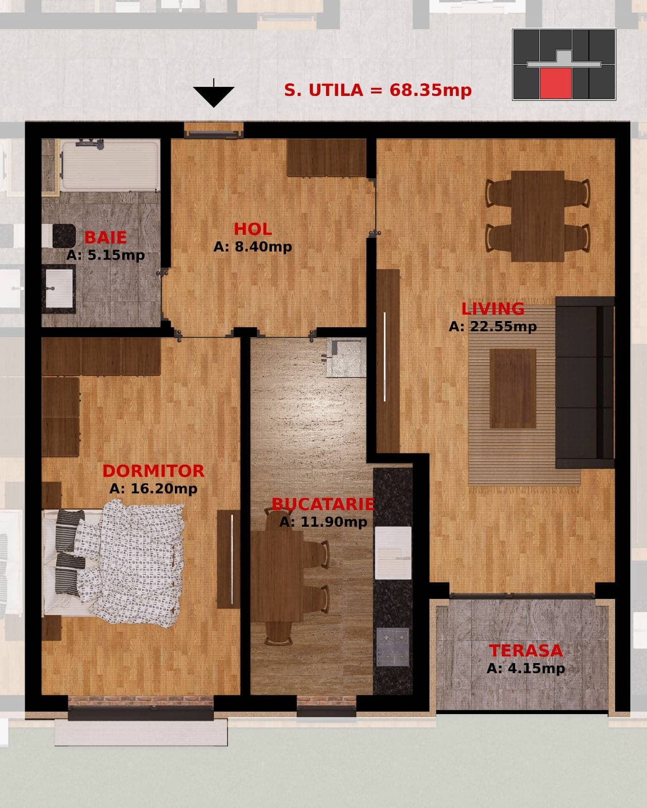 Plan Apartament 2 camere 68,35 mp — Bloc 3