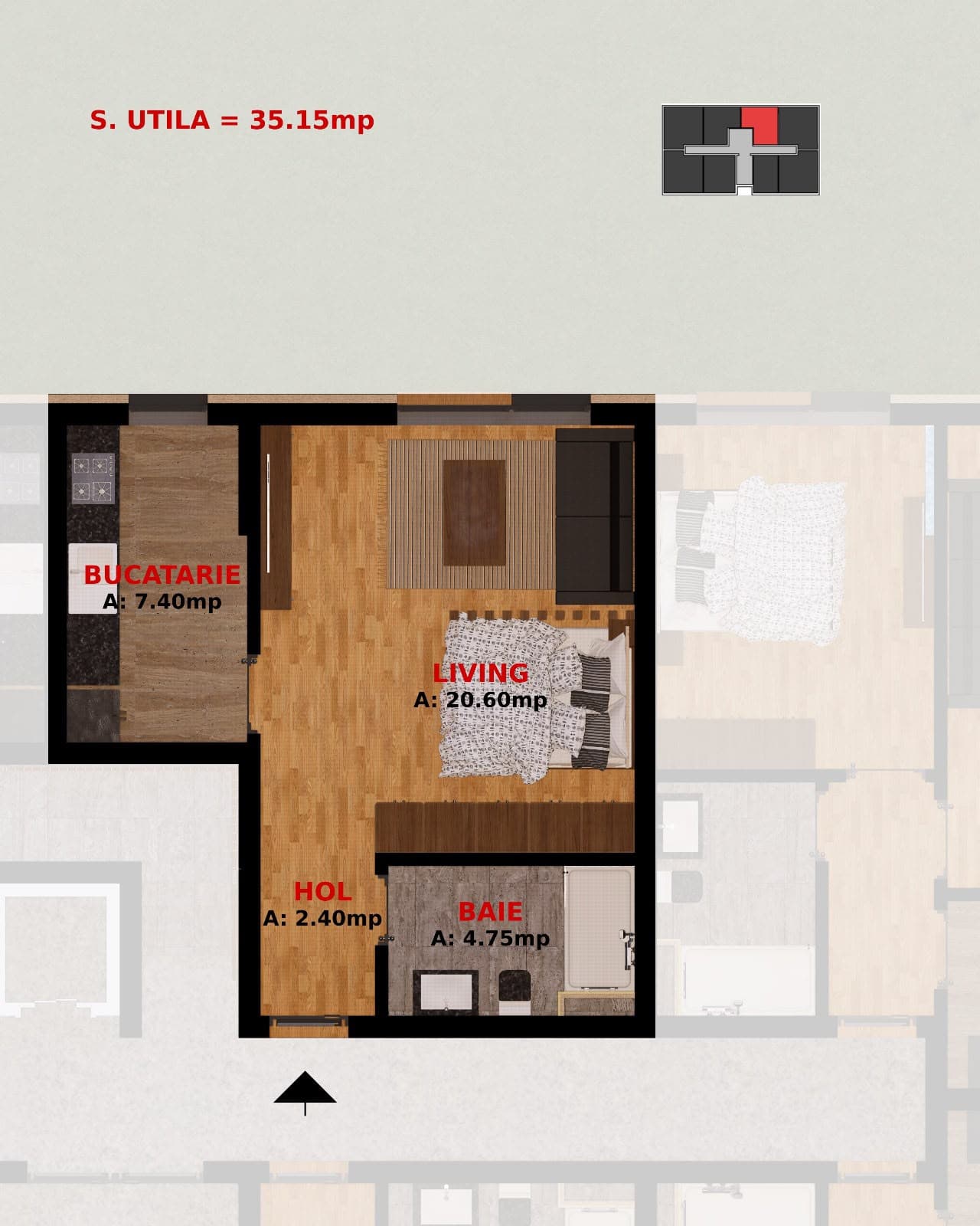 Plan Garsonieră 35,15 mp — parter, Bloc 2