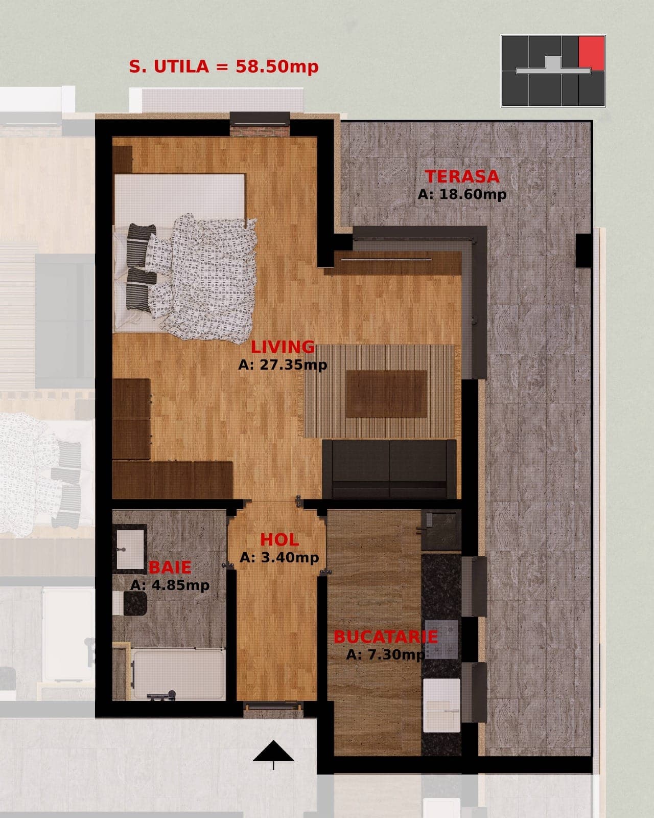 Plan Garsonieră cu terasă 58,50 mp — Bloc 3